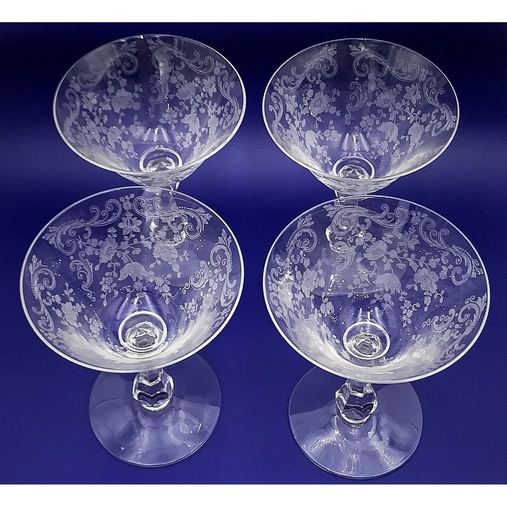 4 Cambridge‎ Chantilly Etch Crystal Champagne / High Dessert 3775 Stem Vintage